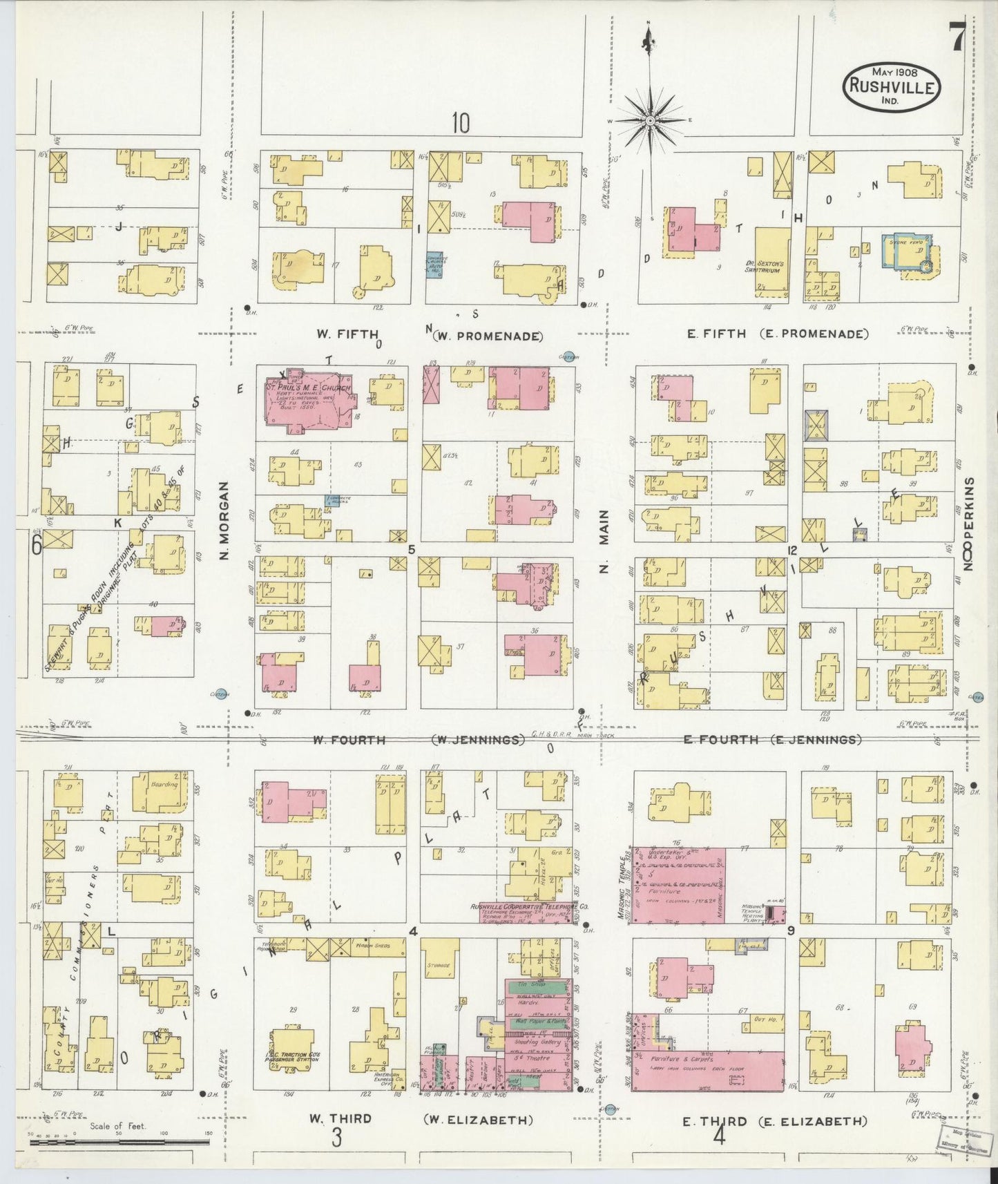 Sanborn Fire Insurance Map from Rushville, Rush County, Indiana (1908), Sheet #0007 - Historic Sanborn Fire Insurance Map Print, vintage old map wall art, antique decor, genealogy gift, Indiana Indiana map