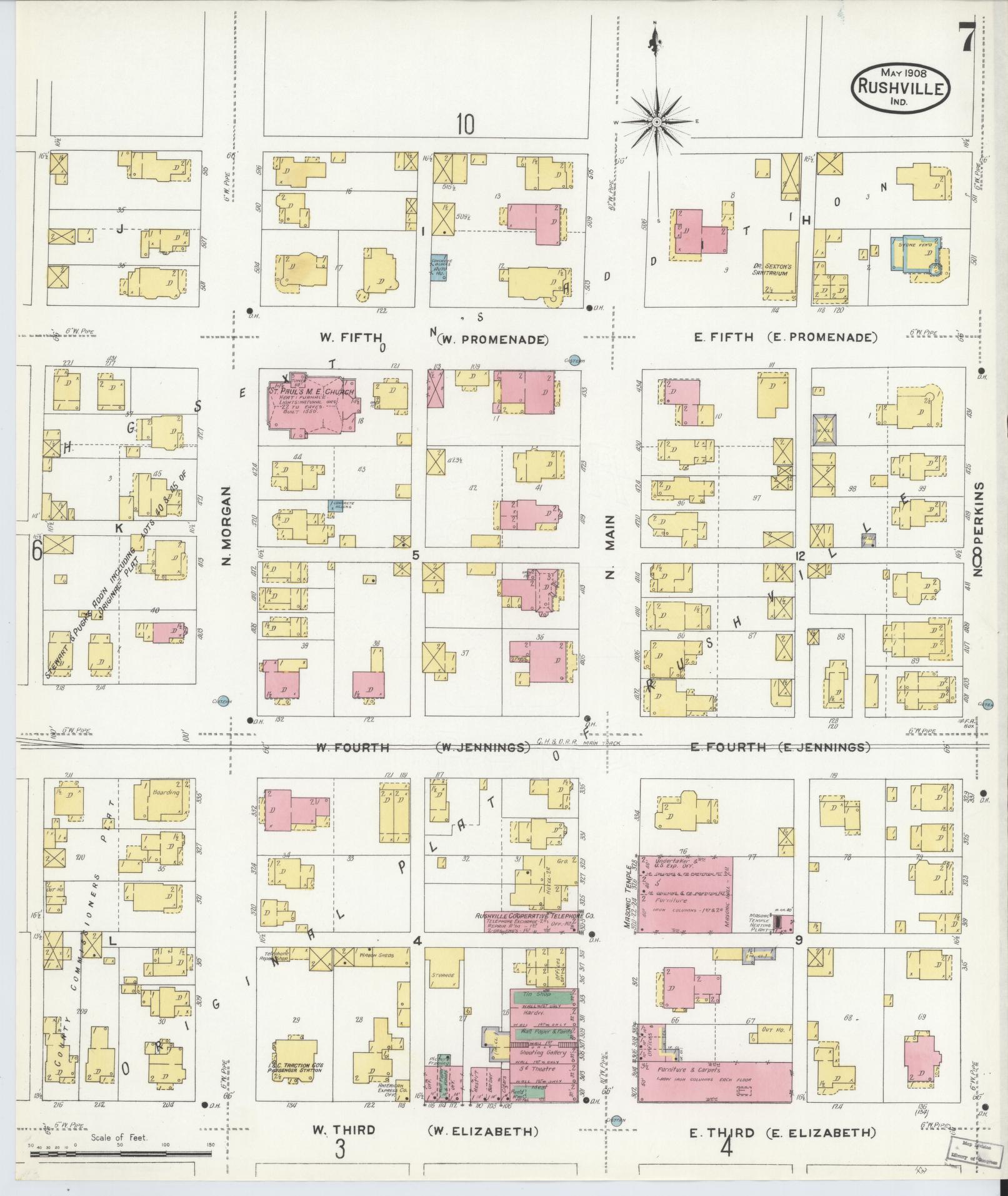 Sanborn Fire Insurance Map from Rushville, Rush County, Indiana (1908), Sheet #0007 - Historic Sanborn Fire Insurance Map Print, vintage old map wall art, antique decor, genealogy gift, Indiana Indiana map