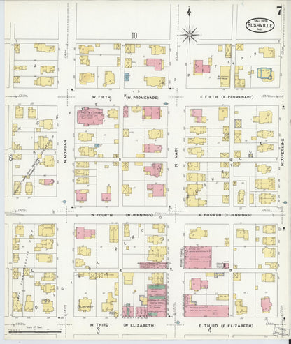 Sanborn Fire Insurance Map from Rushville, Rush County, Indiana (1908), Sheet #0007 - Historic Sanborn Fire Insurance Map Print, vintage old map wall art, antique decor, genealogy gift, Indiana Indiana map