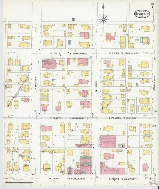Sanborn Fire Insurance Map from Rushville, Rush County, Indiana (1908), Sheet #0007 - Historic Sanborn Fire Insurance Map Print, vintage old map wall art, antique decor, genealogy gift, Indiana Indiana map