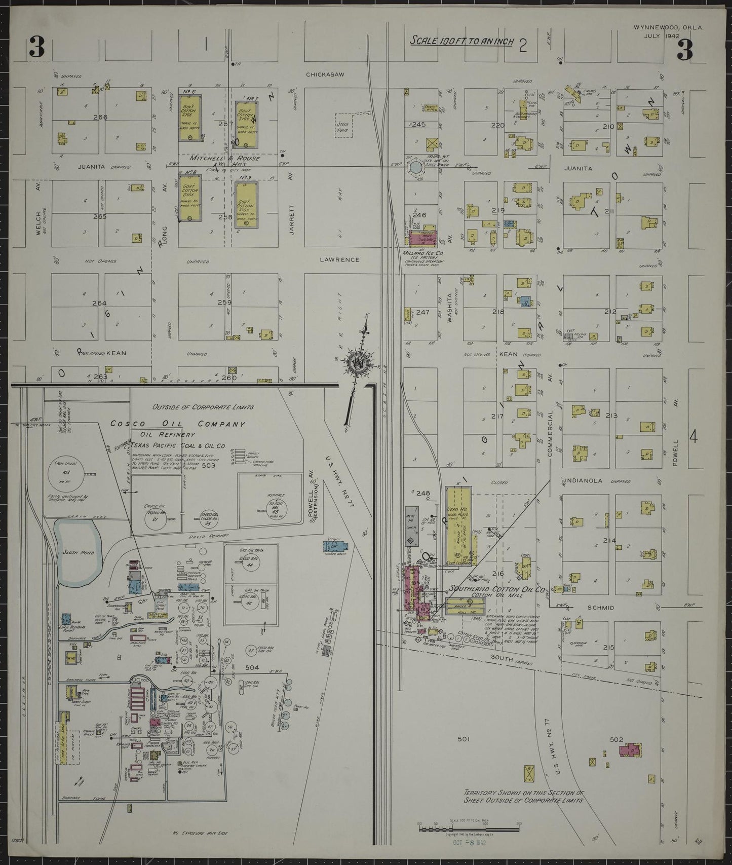 Sanborn Fire Insurance Map from Wynnewood, Garvin County, Oklahoma (1942), Sheet #0003 - Complete Map Set gallery image, historic Sanborn map, vintage wall art, Oklahoma Oklahoma