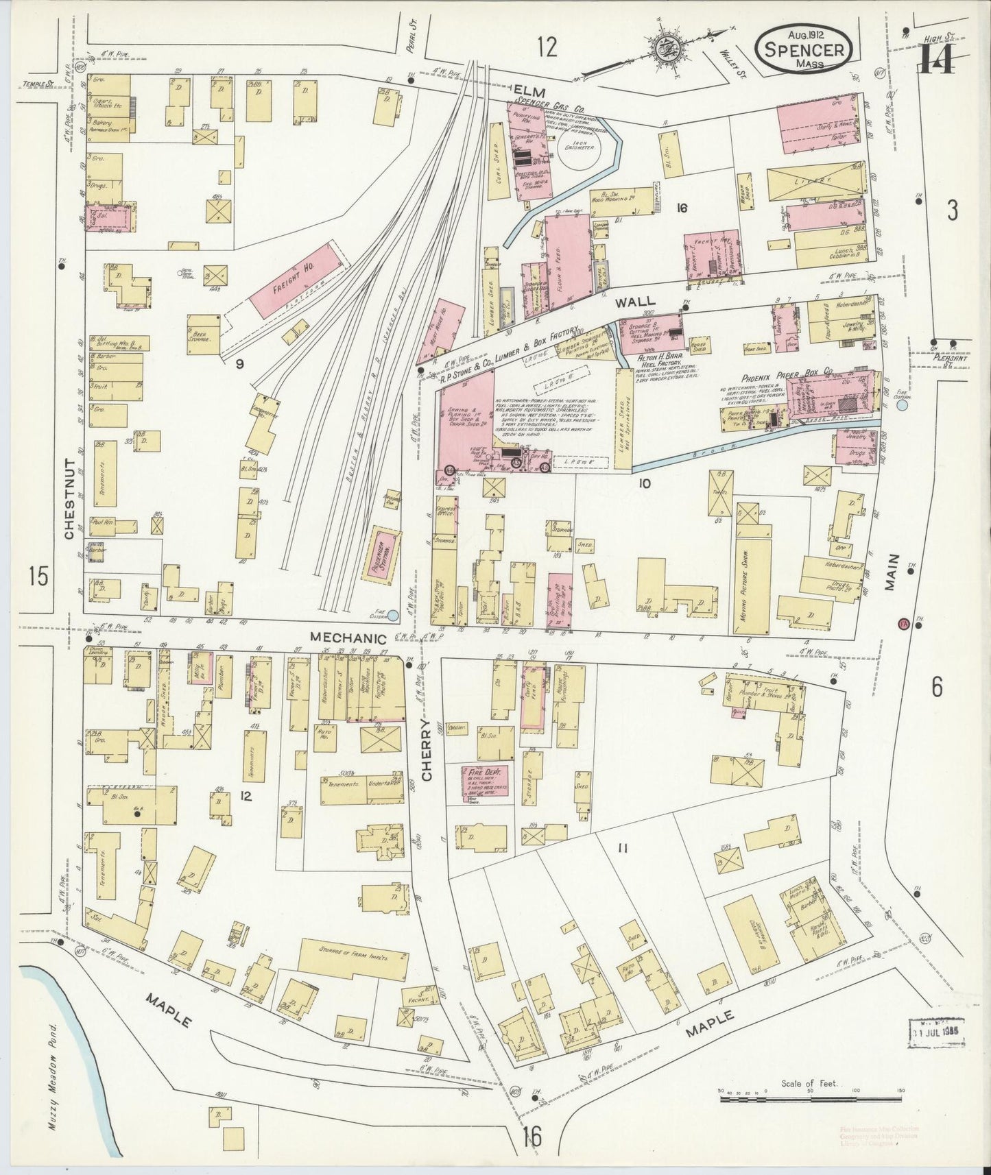 Sanborn Fire Insurance Map from Spencer, Worcester County, Massachusetts (1912), Sheet #0014 - Historic Sanborn Fire Insurance Map Print, vintage old map wall art, antique decor, genealogy gift, Massachusetts Massachusetts map