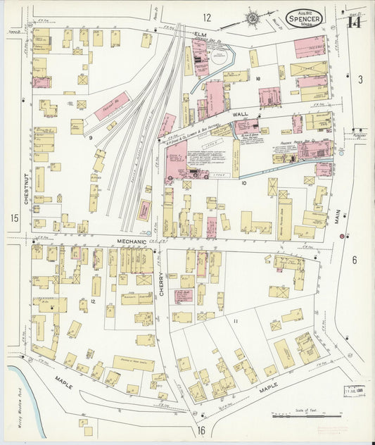 Sanborn Fire Insurance Map from Spencer, Worcester County, Massachusetts (1912), Sheet #0014 - Historic Sanborn Fire Insurance Map Print, vintage old map wall art, antique decor, genealogy gift, Massachusetts Massachusetts map