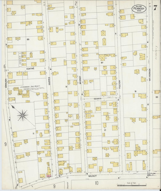 Sanborn Fire Insurance Map from Peabody, Essex County, Massachusetts (1903), Sheet #0007 - Historic Sanborn Fire Insurance Map Print, vintage old map wall art, antique decor, genealogy gift, Massachusetts Massachusetts map