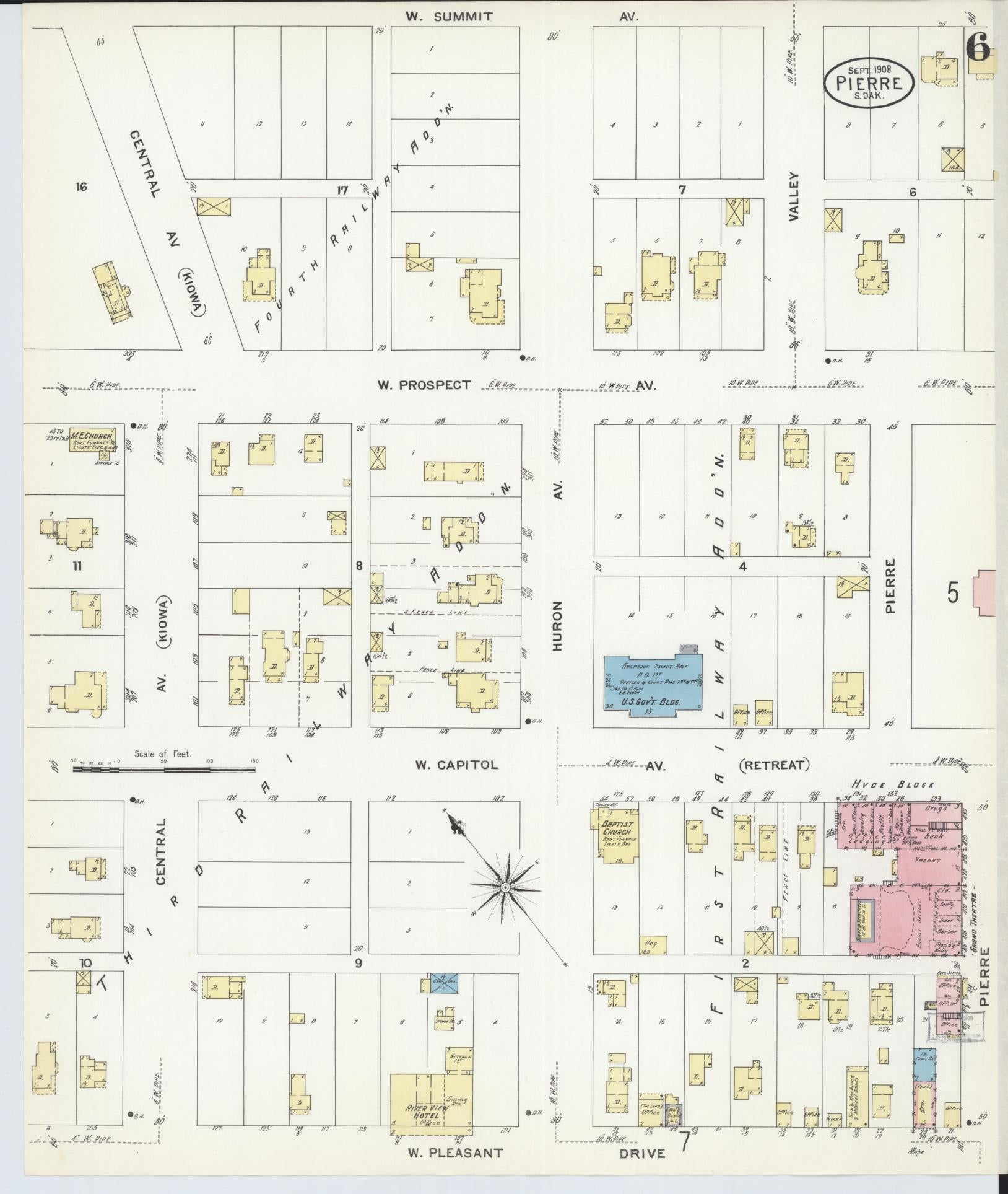 Sanborn Fire Insurance Map from Pierre, Hughes County, South Dakota (1908), Sheet #0006 - Historic Sanborn Fire Insurance Map Print, vintage old map wall art, antique decor, genealogy gift, South Dakota South Dakota map