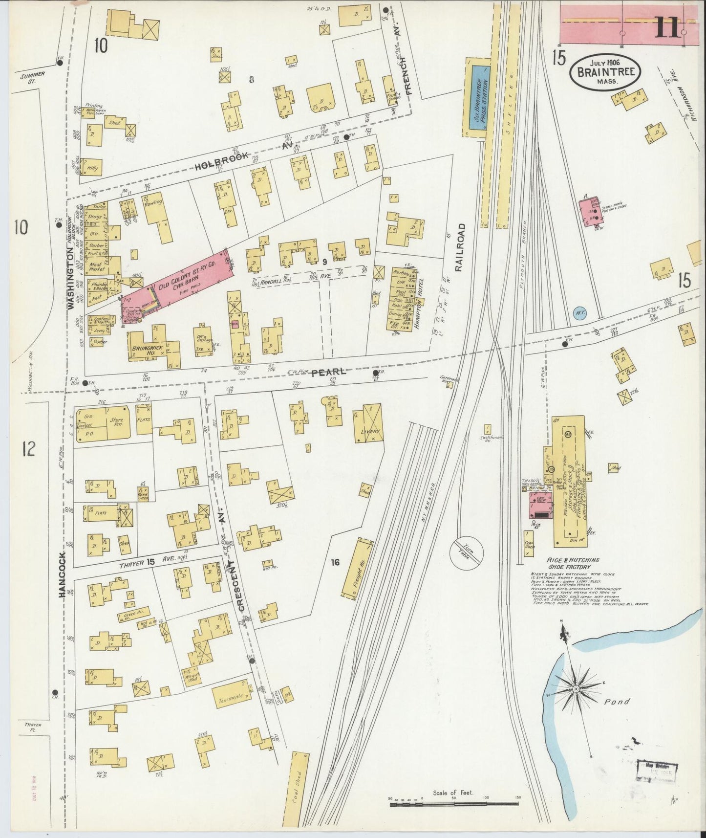 Sanborn Fire Insurance Map from Braintree, Norfolk County, Massachusetts (1906), Sheet #0011 - Historic Sanborn Fire Insurance Map Print, vintage old map wall art, antique decor, genealogy gift, Massachusetts Massachusetts map