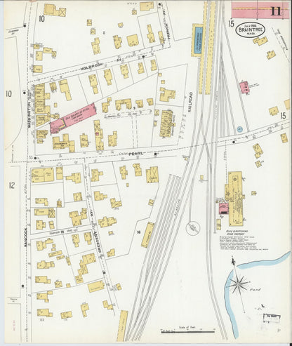 Sanborn Fire Insurance Map from Braintree, Norfolk County, Massachusetts (1906), Sheet #0011 - Historic Sanborn Fire Insurance Map Print, vintage old map wall art, antique decor, genealogy gift, Massachusetts Massachusetts map