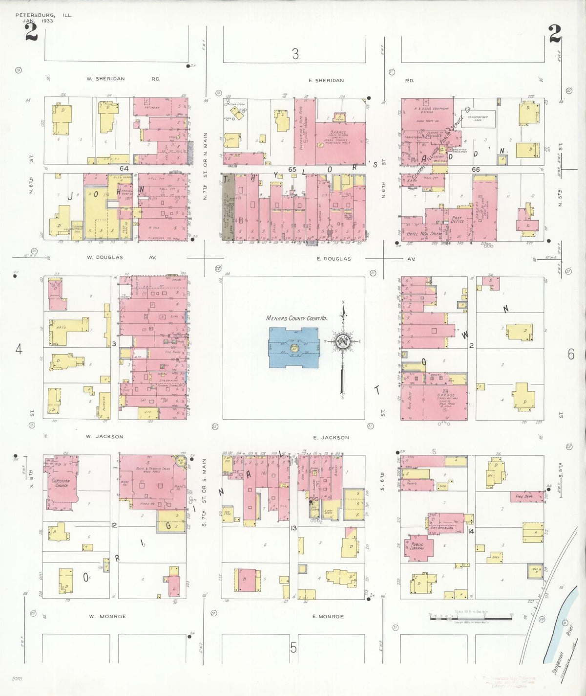 Sanborn Fire Insurance Map from Petersburg, Menard County, Illinois (1933), Sheet #0002 - Complete Map Set gallery image, historic Sanborn map, vintage wall art, Illinois Illinois