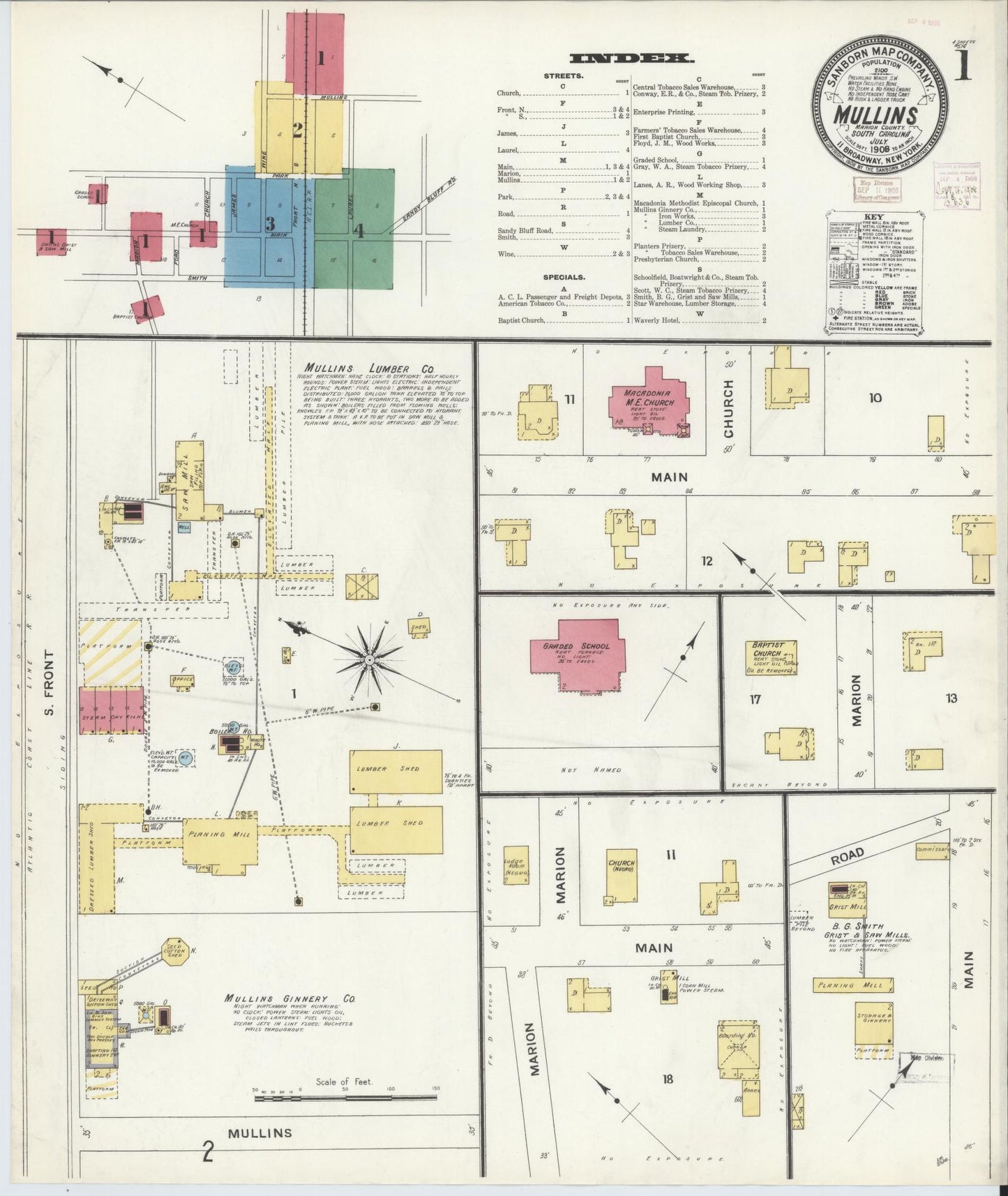 Sanborn Fire Insurance Map from Mullins, Marion County, South Carolina (1908), Sheet #0001 - Complete Map Set gallery image, historic Sanborn map, vintage wall art, South Carolina South Carolina
