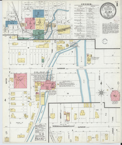Sanborn Fire Insurance Map from Alma, Gratiot County, Michigan (1902), Sheet #0001 - Complete Map Set gallery image, historic Sanborn map, vintage wall art, Michigan Michigan