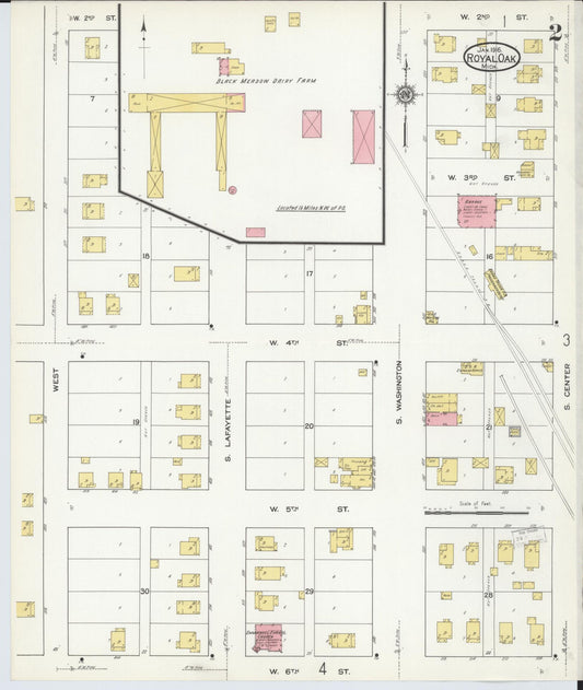 Sanborn Fire Insurance Map from Royal Oak, Oakland County, Michigan (1916), Sheet #0002 - Historic Sanborn Fire Insurance Map Print, vintage old map wall art, antique decor, genealogy gift, Michigan Michigan map