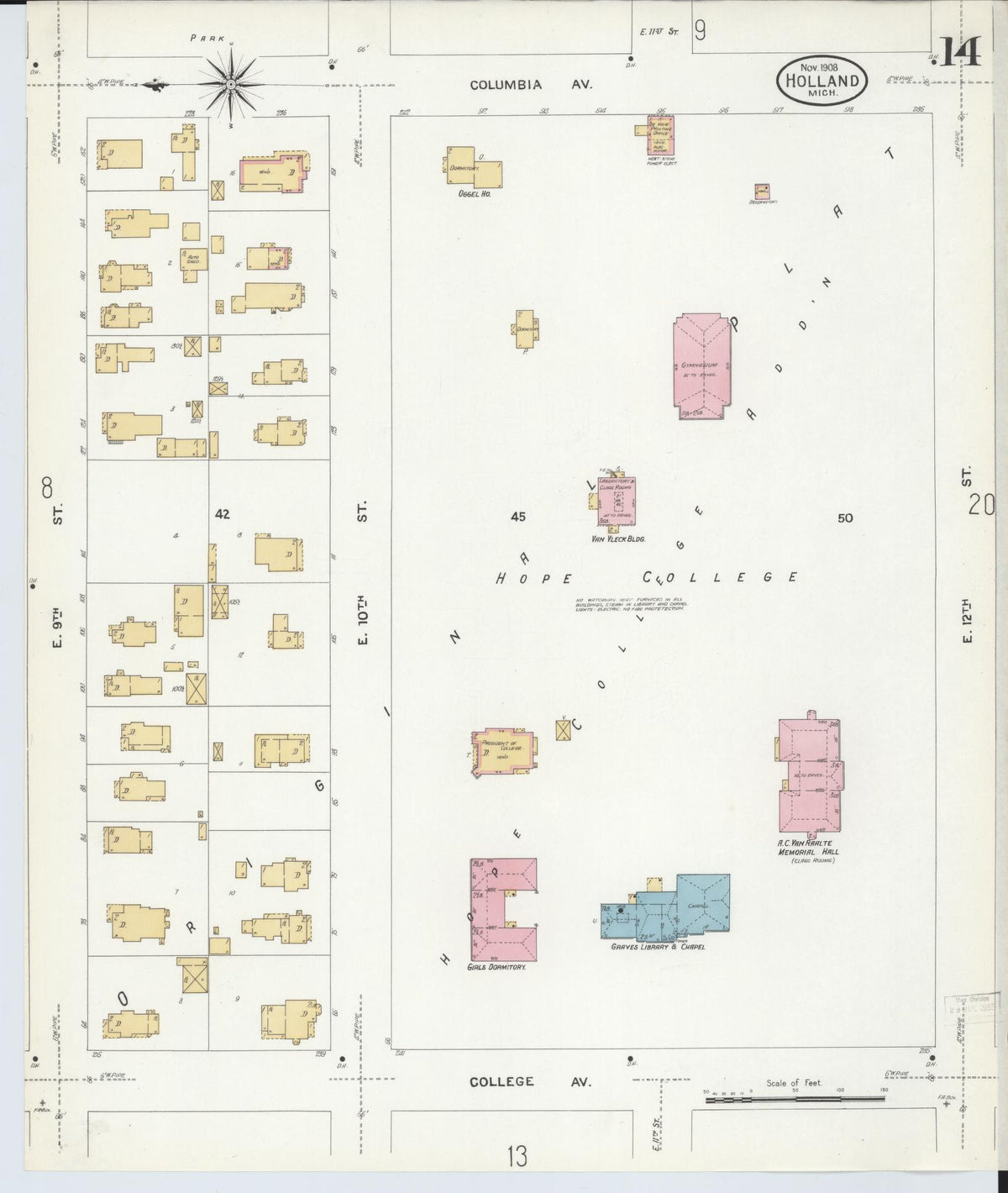 Sanborn Fire Insurance Map from Holland, Ottawa County, Michigan (1908), Sheet #0014 - Historic Sanborn Fire Insurance Map Print, vintage old map wall art, antique decor, genealogy gift, Michigan Michigan map