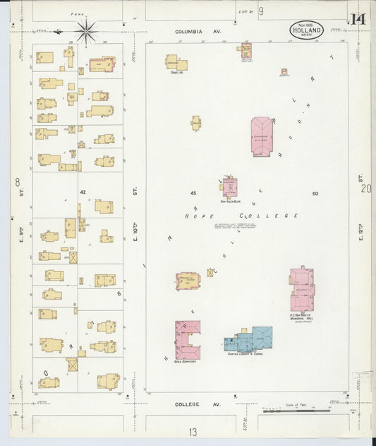 Sanborn Fire Insurance Map from Holland, Ottawa County, Michigan (1908), Sheet #0014 - Historic Sanborn Fire Insurance Map Print, vintage old map wall art, antique decor, genealogy gift, Michigan Michigan map