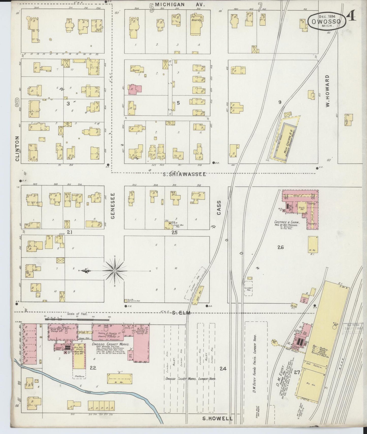 Sanborn Fire Insurance Map from Owosso, Shiawassee County, Michigan (1894), Sheet #0004 - Historic Sanborn Fire Insurance Map Print, vintage old map wall art, antique decor, genealogy gift, Michigan Michigan map