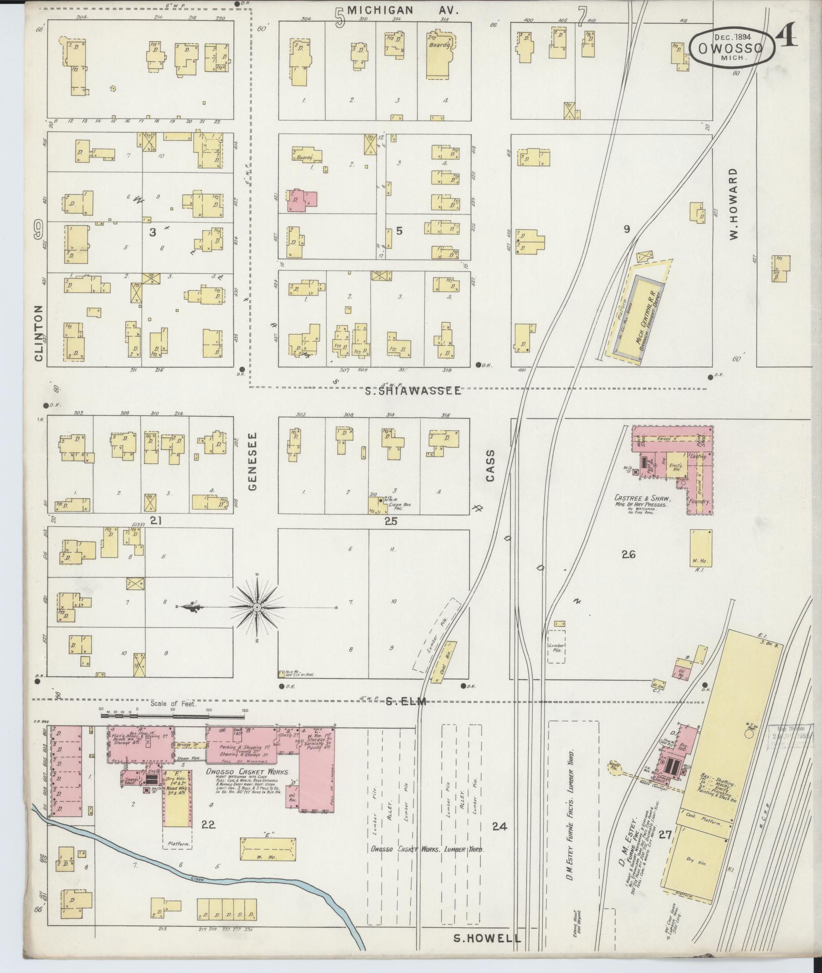 Sanborn Fire Insurance Map from Owosso, Shiawassee County, Michigan (1894), Sheet #0004 - Historic Sanborn Fire Insurance Map Print, vintage old map wall art, antique decor, genealogy gift, Michigan Michigan map