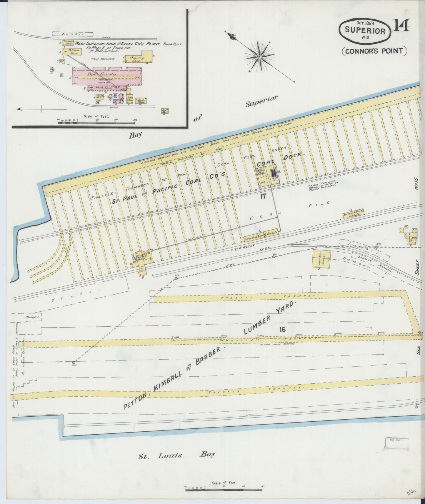 Sanborn Fire Insurance Map from Superior, Douglas County, Wisconsin (1887), Sheet #0014 - Historic Sanborn Fire Insurance Map Print, vintage old map wall art, antique decor, genealogy gift, Wisconsin Wisconsin map