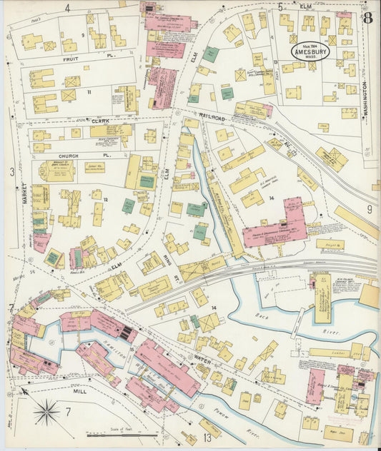 Sanborn Fire Insurance Map from Amesbury, Essex County, Massachusetts (1904), Sheet #0008 - Historic Sanborn Fire Insurance Map Print, vintage old map wall art, antique decor, genealogy gift, Massachusetts Massachusetts map