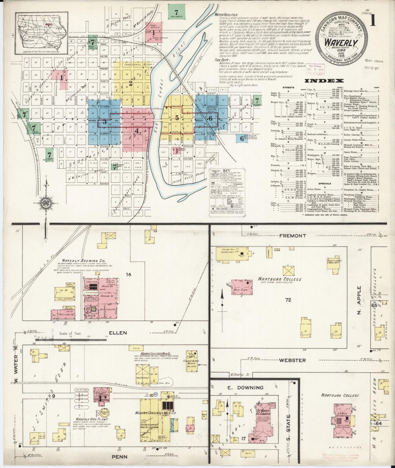 Sanborn Fire Insurance Map from Waverly, Bremer County, Iowa (1915), Sheet #0001 - Historic Sanborn Fire Insurance Map Print