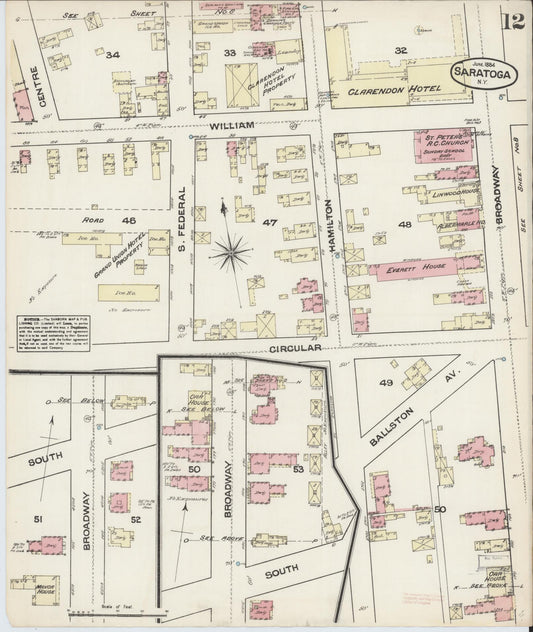 Sanborn Fire Insurance Map from Saratoga, Saratoga County, New York (1884), Sheet #0012 - Historic Sanborn Fire Insurance Map Print, vintage old map wall art, antique decor, genealogy gift, New York New York map