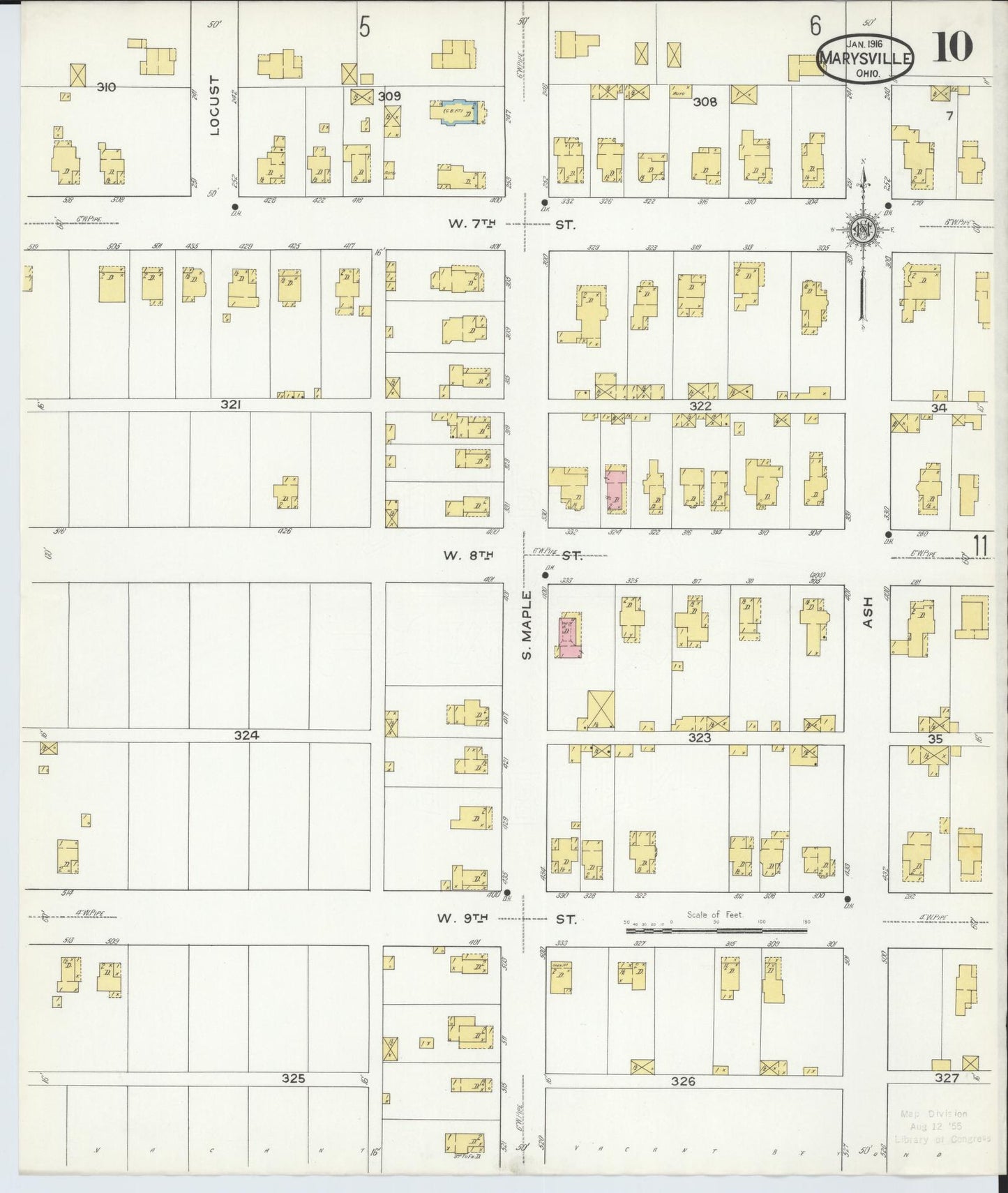 Sanborn Fire Insurance Map from Marysville, Union County, Ohio (1916), Sheet #0010 - Historic Sanborn Fire Insurance Map Print, vintage old map wall art, antique decor, genealogy gift, Ohio Ohio map