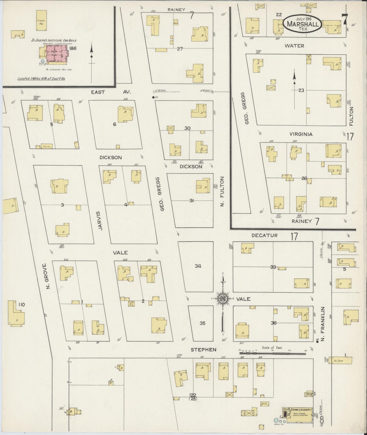 Sanborn Fire Insurance Map from Marshall, Harrison County, Texas (1915), Sheet #0007 - Historic Sanborn Fire Insurance Map Print, vintage old map wall art, antique decor, genealogy gift, Texas Texas map