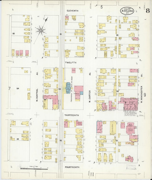 Sanborn Fire Insurance Map from Ashland, Boyd County, Kentucky (1907), Sheet #0008 - Historic Sanborn Fire Insurance Map Print, vintage old map wall art, antique decor, genealogy gift, Kentucky Kentucky map