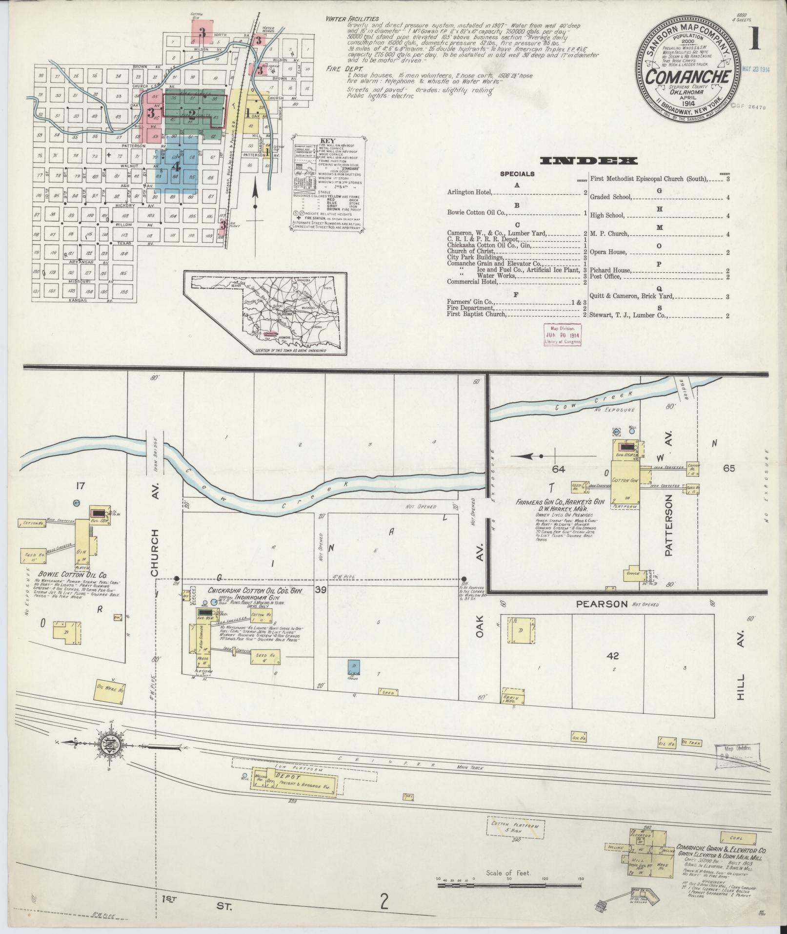 Sanborn Fire Insurance Map from Comanche, Stephens County, Oklahoma (1914), Sheet #0001 - Complete Map Set gallery image, historic Sanborn map, vintage wall art, Oklahoma Oklahoma