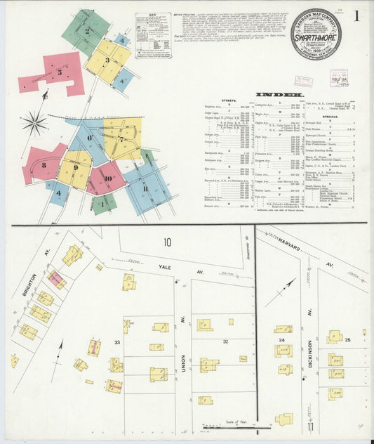 Sanborn Fire Insurance Map from Swarthmore, Delaware County, Pennsylvania (1909), Sheet #0001 - Historic Sanborn Fire Insurance Map Print, vintage old map wall art, antique decor, genealogy gift, Swarthmore Delaware map