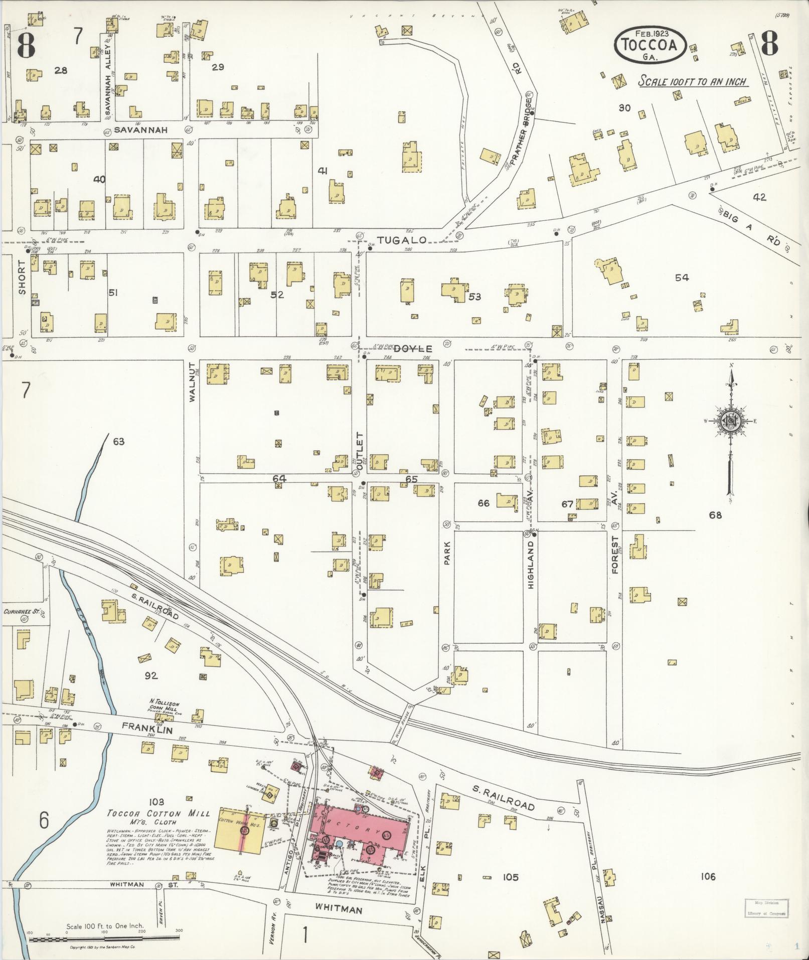 Sanborn Fire Insurance Map from Toccoa, Stephens County, Georgia (1923), Sheet #0008 - Complete Map Set gallery image, historic Sanborn map, vintage wall art, Georgia Georgia