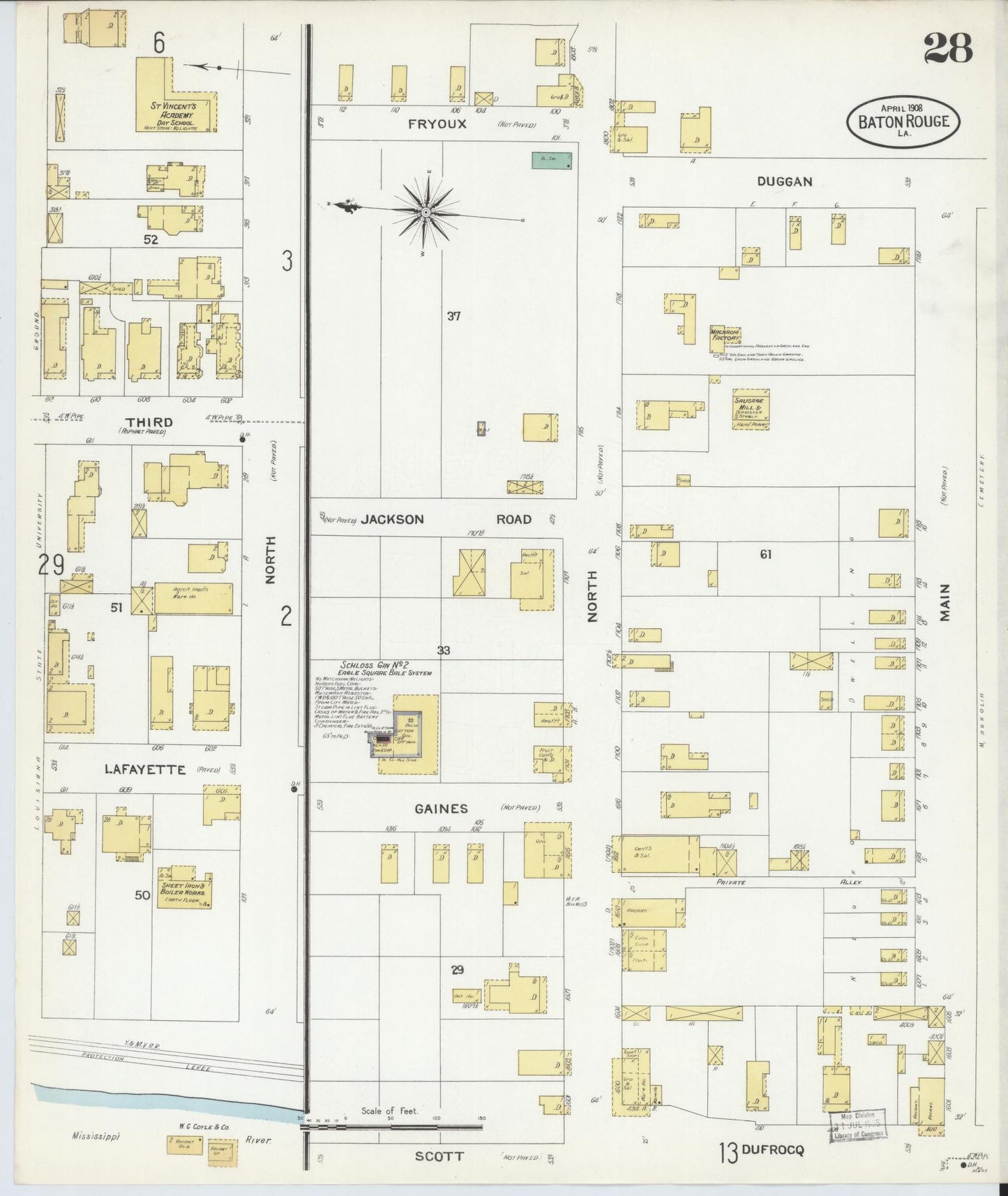Sanborn Fire Insurance Map from Baton Rouge, East Baton Rouge Parish, Louisiana (1908), Sheet #0028 - Complete Map Set gallery image, historic Sanborn map, vintage wall art, Louisiana Louisiana