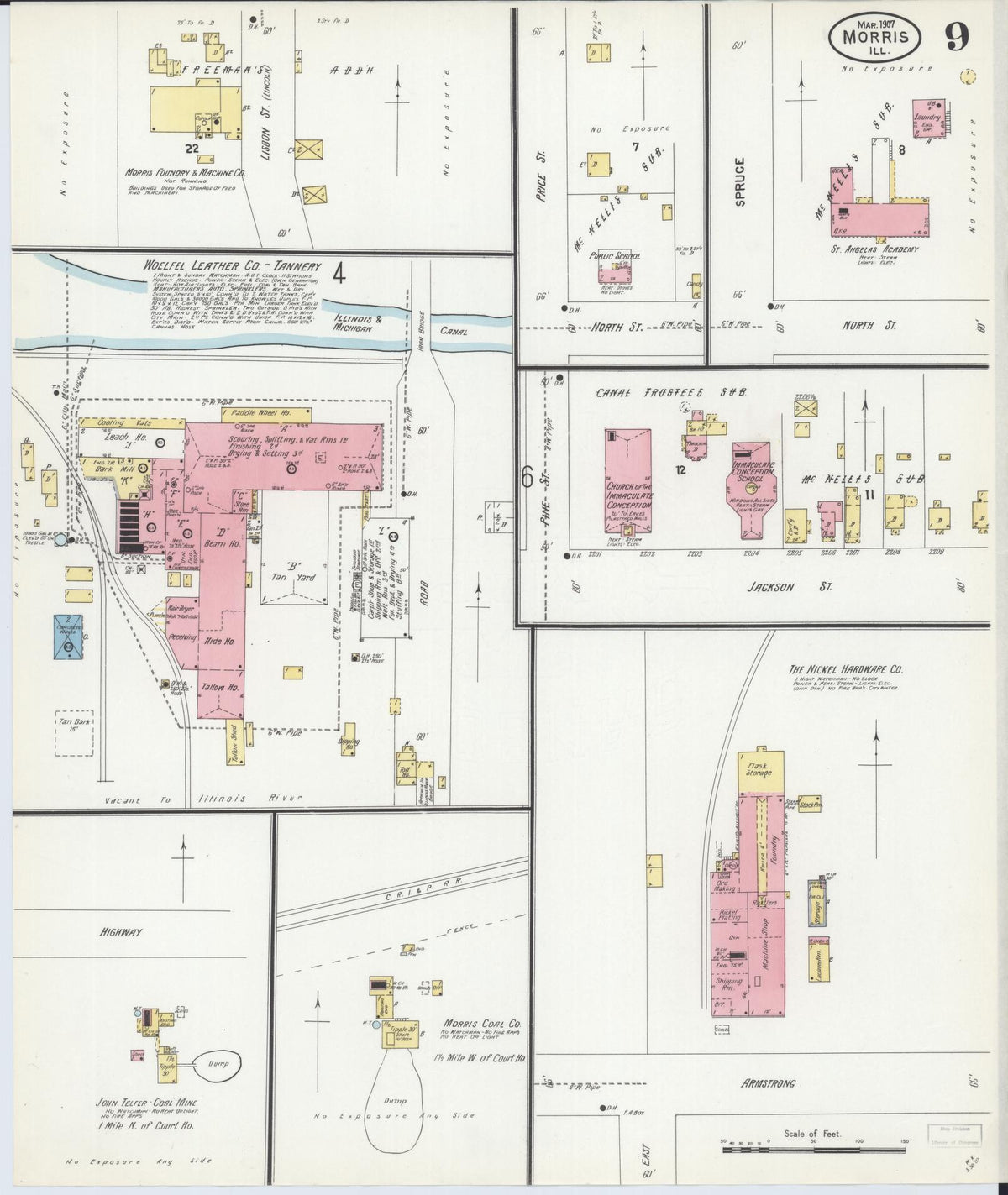 Sanborn Fire Insurance Map from Morris, Grundy County, Illinois (1907), Sheet #0009 - Complete Map Set gallery image, historic Sanborn map, vintage wall art, Illinois Illinois