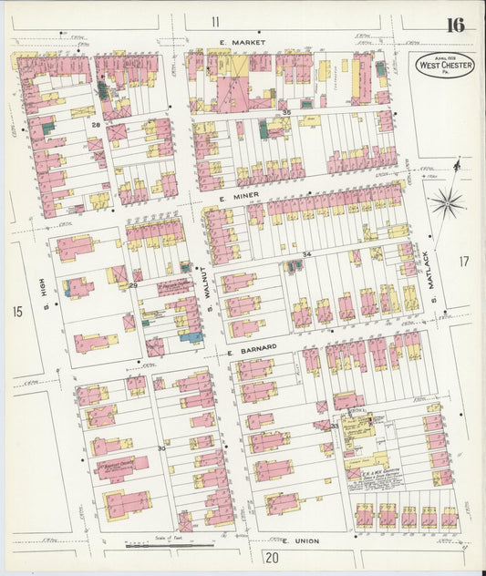Sanborn Fire Insurance Map from West Chester, Chester County, Pennsylvania (1909), Sheet #0016 - Historic Sanborn Fire Insurance Map Print, vintage old map wall art, antique decor, genealogy gift, Pennsylvania Pennsylvania map
