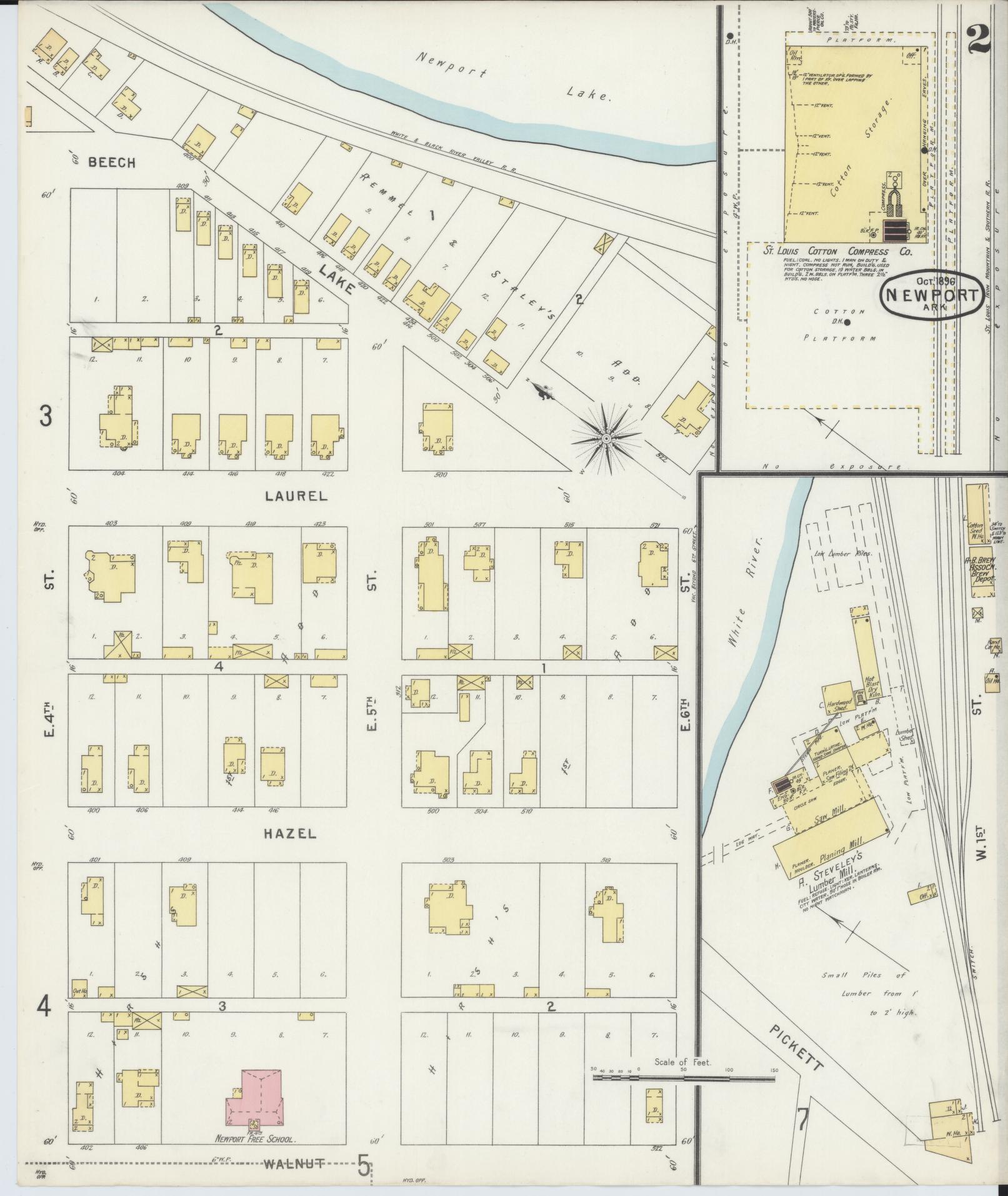 Sanborn Fire Insurance Map from Newport, Jackson County, Arkansas (1896), Sheet #0002 - Historic Sanborn Fire Insurance Map Print, vintage old map wall art, antique decor, genealogy gift, Arkansas Arkansas map