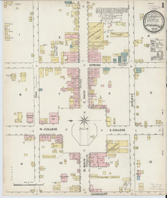 Sanborn Fire Insurance Map from McMinnville, Warren County, Tennessee (1887), Sheet #0001 - Historic Sanborn Fire Insurance Map Print, vintage old map wall art, antique decor, genealogy gift, Tennessee Tennessee map