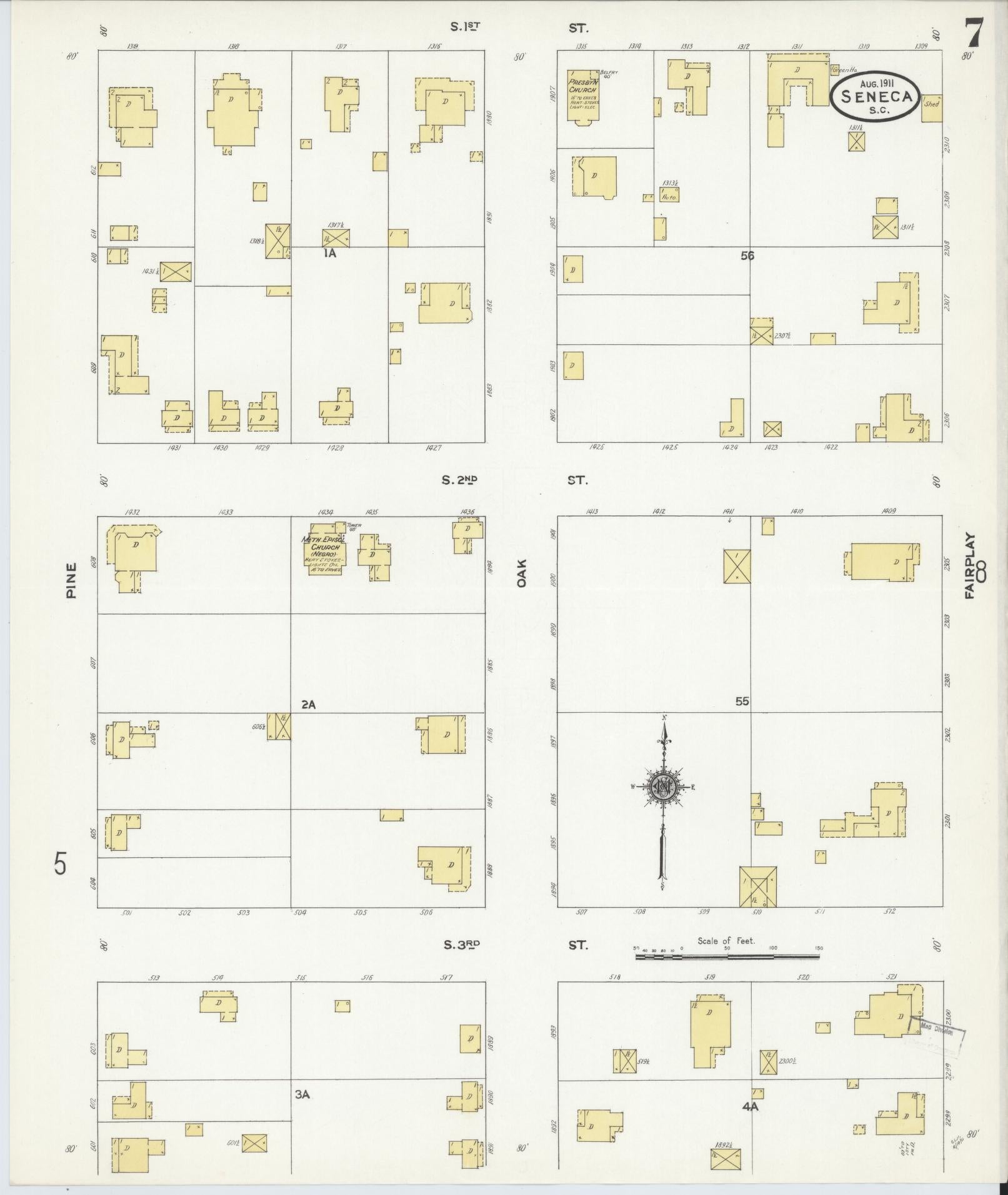 Sanborn Fire Insurance Map from Seneca, Oconee County, South Carolina (1911), Sheet #0007 - Historic Sanborn Fire Insurance Map Print, vintage old map wall art, antique decor, genealogy gift, South Carolina South Carolina map