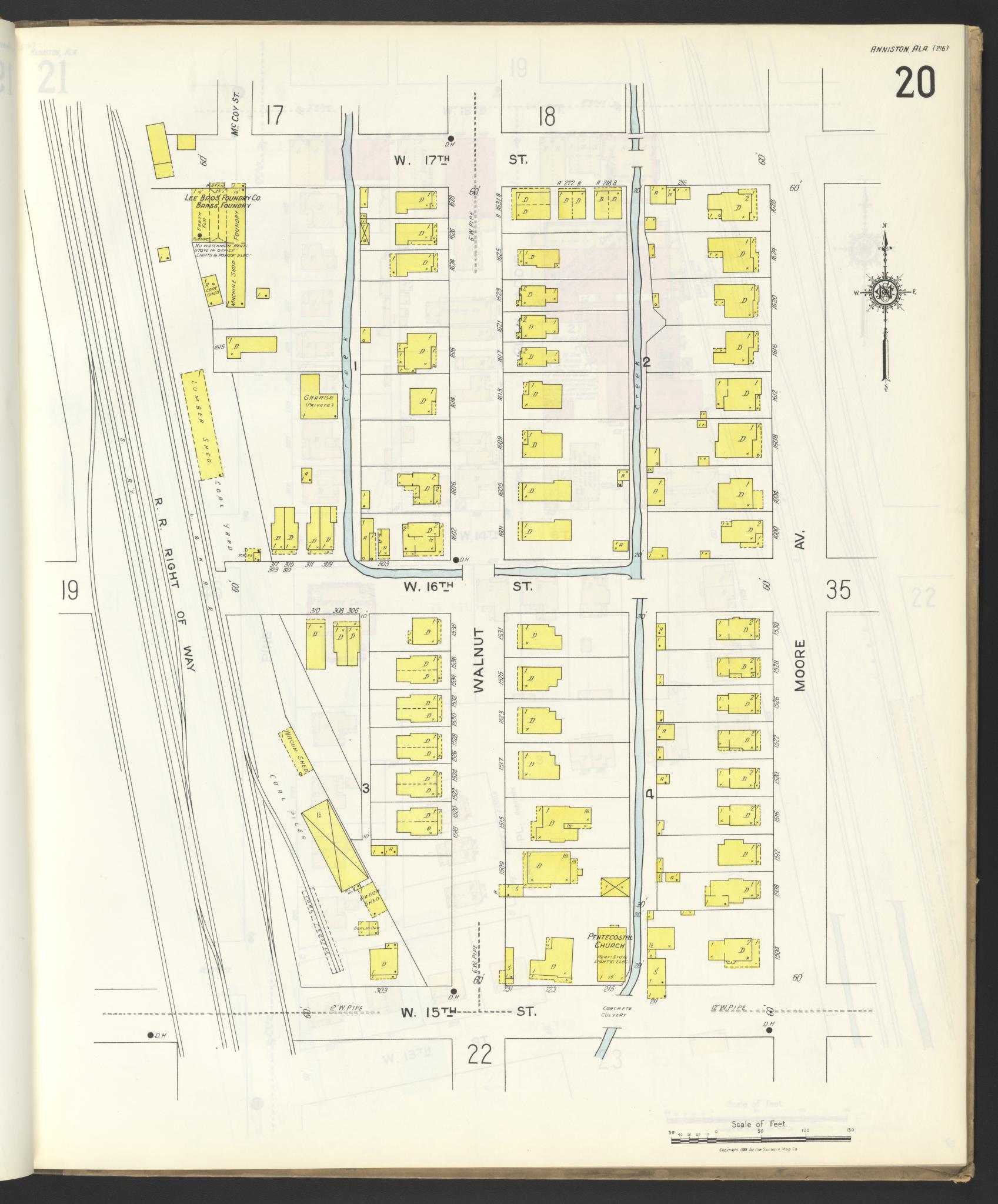 Sanborn Fire Insurance Map from Anniston, Calhoun County, Alabama (1925), Sheet #0020 - Historic Sanborn Fire Insurance Map Print, vintage old map wall art, antique decor, genealogy gift, Alabama Alabama map