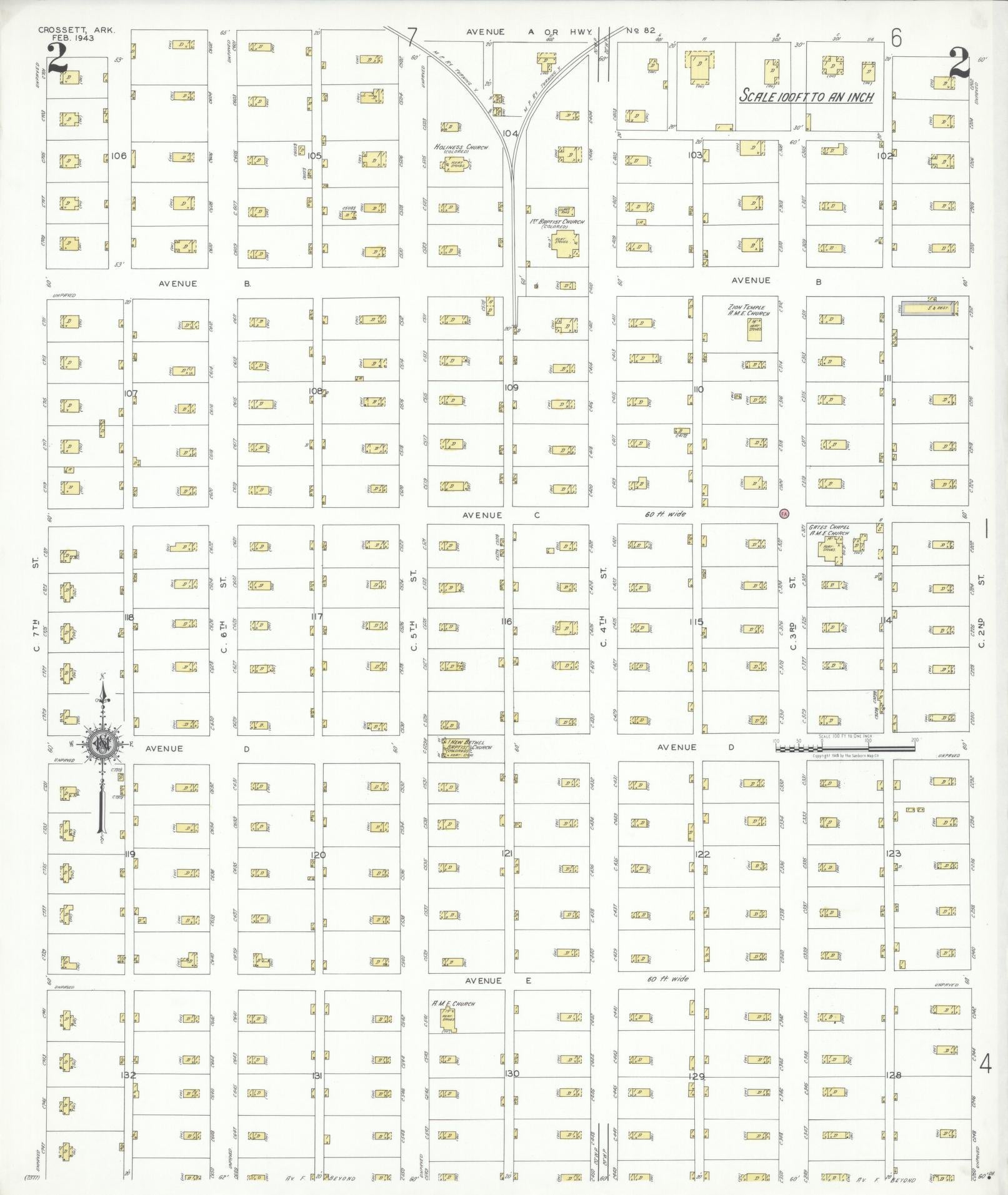 Sanborn Fire Insurance Map from Crossett, Ashley County, Arkansas (1943), Sheet #0002 - Complete Map Set gallery image, historic Sanborn map, vintage wall art, Arkansas Arkansas