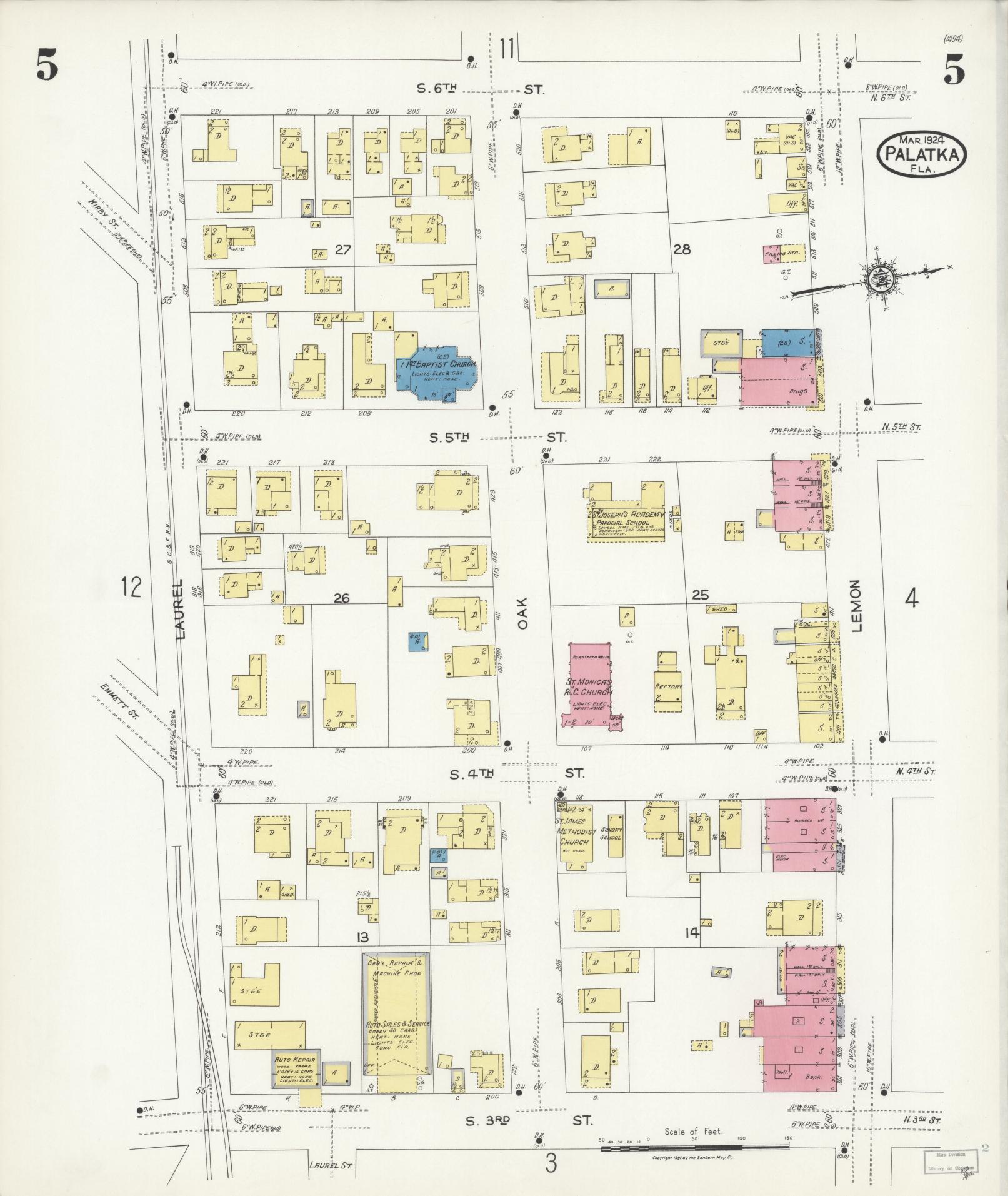 Sanborn Fire Insurance Map from Palatka, Putnam County, Florida (1924), Sheet #0005 - Historic Sanborn Fire Insurance Map Print, vintage old map wall art, antique decor, genealogy gift, Florida Florida map