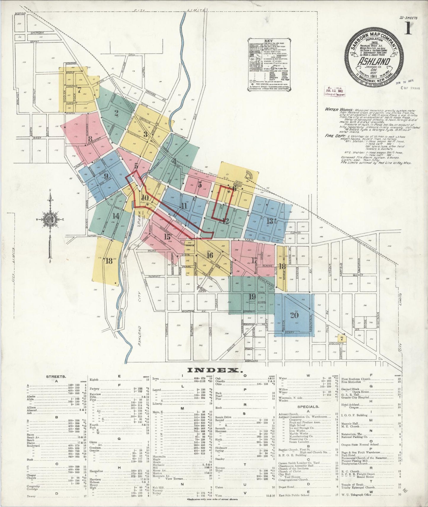 Sanborn Fire Insurance Map from Ashland, Jackson County, Oregon (1911), Sheet #0001 - Complete Map Set gallery image, historic Sanborn map, vintage wall art, Oregon Oregon