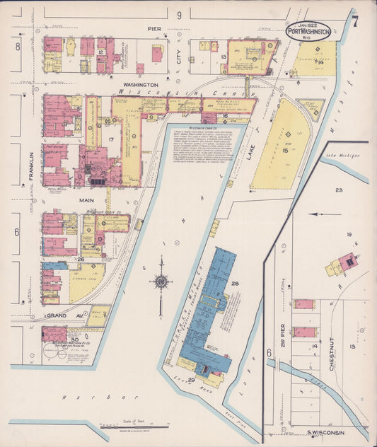Sanborn Fire Insurance Map from Port Washington, Ozaukee County, Wisconsin (1922), Sheet #0007 - Historic Sanborn Fire Insurance Map Print, vintage old map wall art, antique decor, genealogy gift, Wisconsin Wisconsin map