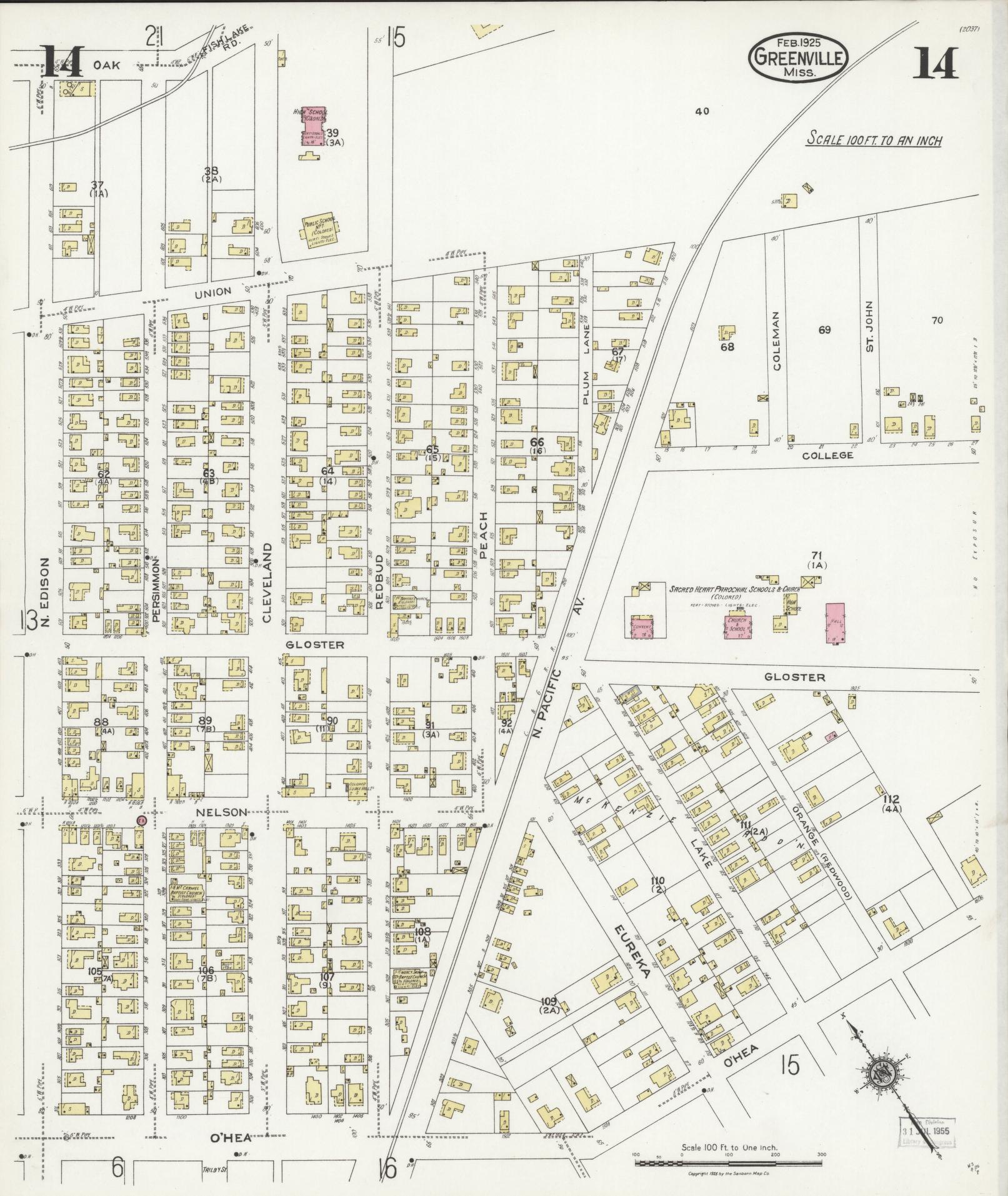 Sanborn Fire Insurance Map from Greenville, Washington County, Mississippi (1925), Sheet #0014 - Historic Sanborn Fire Insurance Map Print, vintage old map wall art, antique decor, genealogy gift, Mississippi Mississippi map