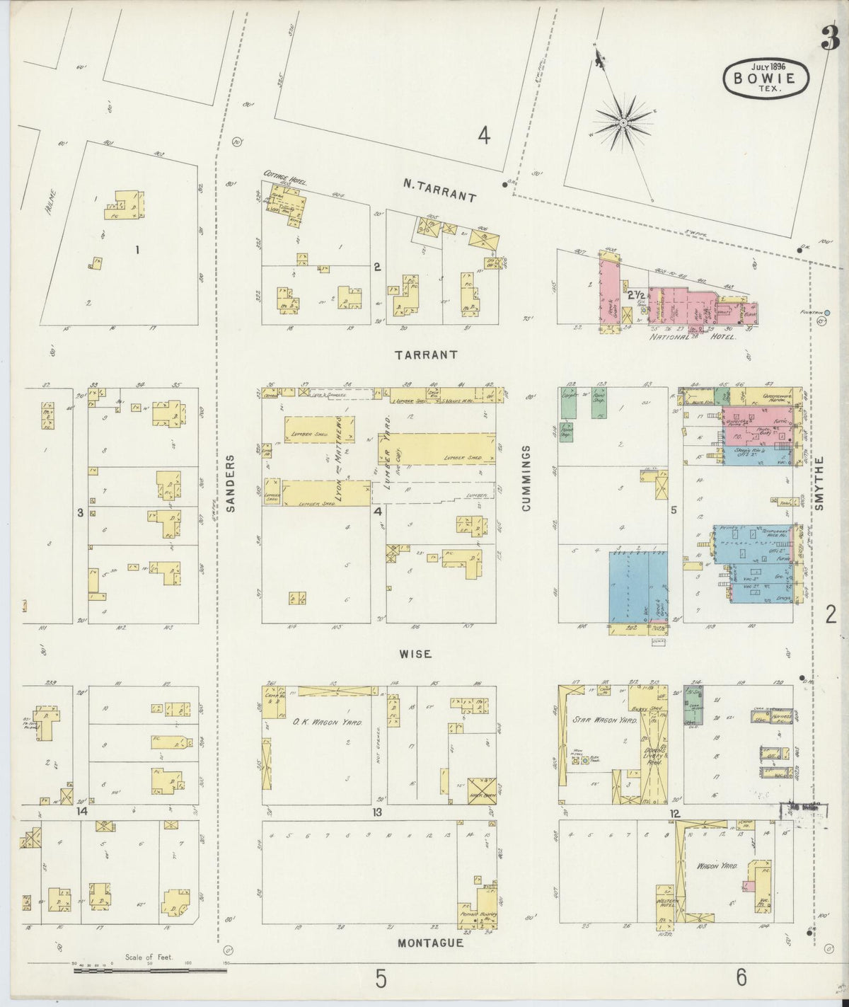 Sanborn Fire Insurance Map from Bowie, Montague County, Texas (1896), Sheet #0003 - Historic Sanborn Fire Insurance Map Print, vintage old map wall art, antique decor, genealogy gift, Texas Texas map