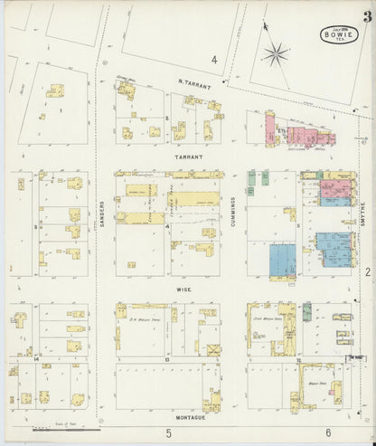 Sanborn Fire Insurance Map from Bowie, Montague County, Texas (1896), Sheet #0003 - Historic Sanborn Fire Insurance Map Print, vintage old map wall art, antique decor, genealogy gift, Texas Texas map