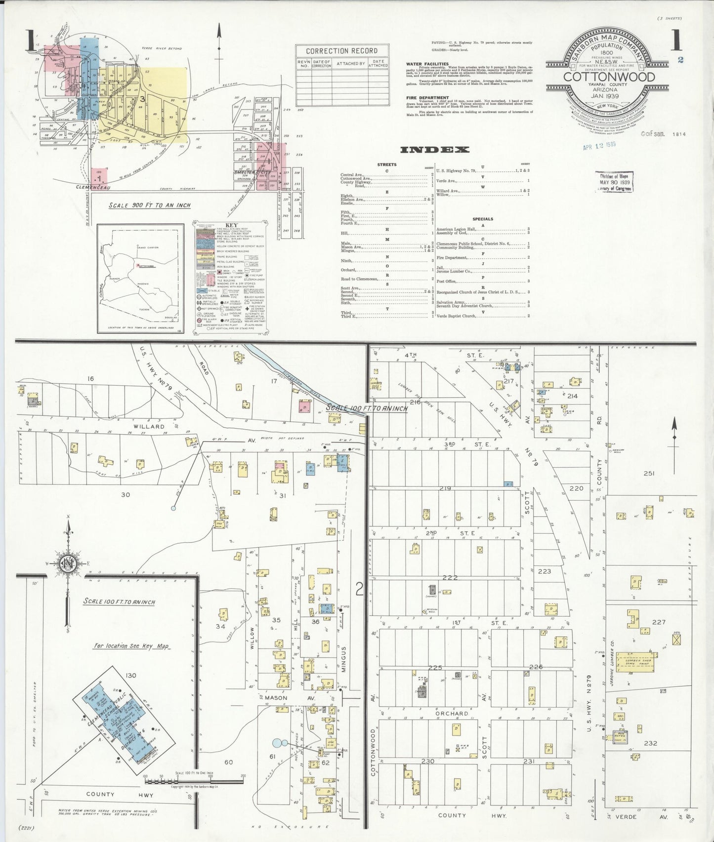 Sanborn Fire Insurance Map from Cottonwood, Yavapai County, Arizona (1939), Sheet #0001 - Complete Map Set gallery image, historic Sanborn map, vintage wall art, Arizona Arizona