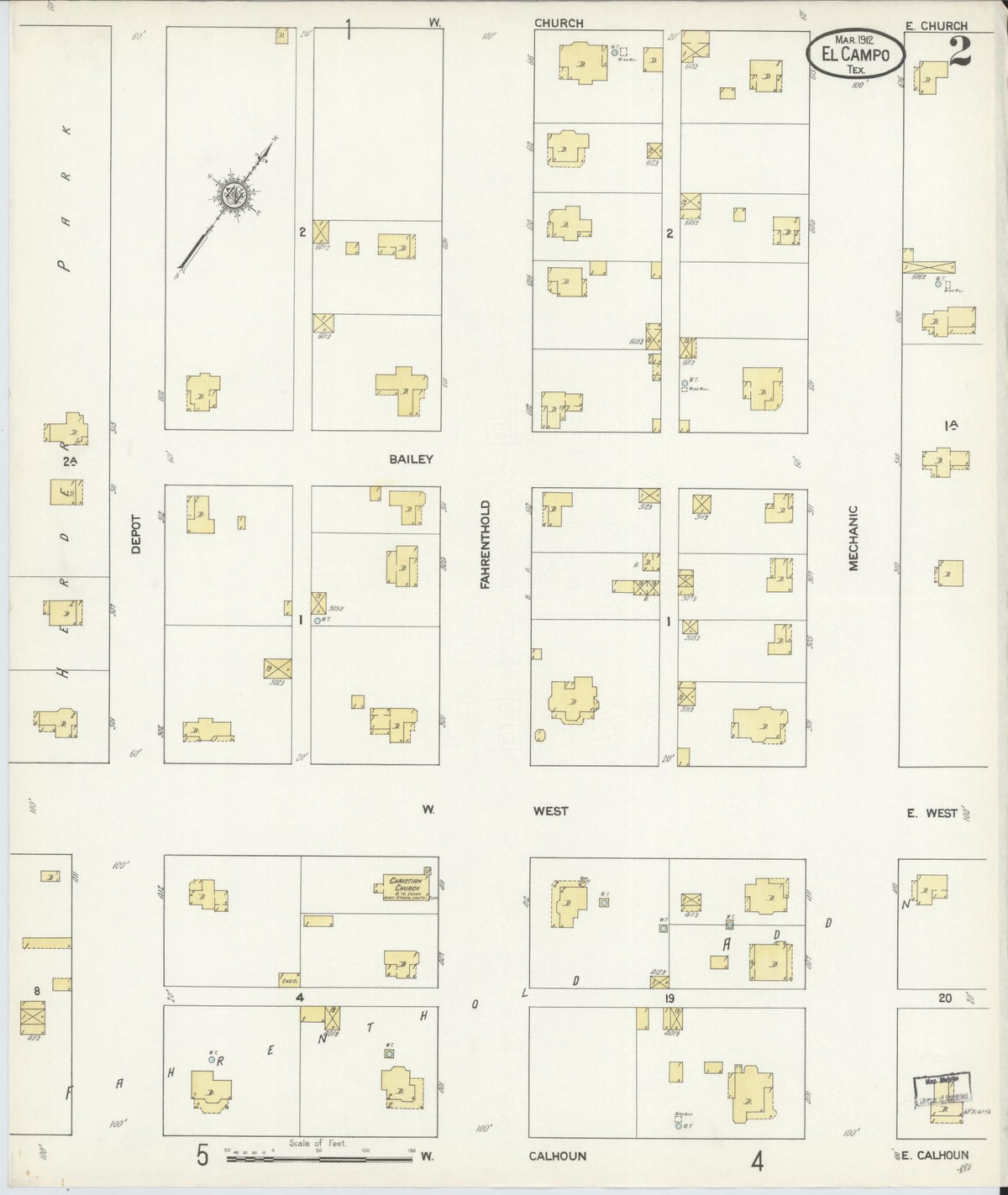 Sanborn Fire Insurance Map from El Campo, Wharton County, Texas (1912), Sheet #0002 - Historic Sanborn Fire Insurance Map Print, vintage old map wall art, antique decor, genealogy gift, Texas Texas map