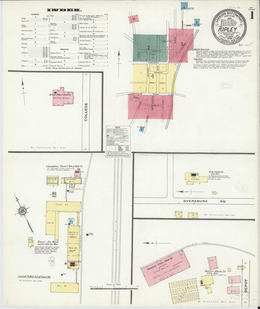 Sanborn Fire Insurance Map from Ripley, Lauderdale County, Tennessee (1909), Sheet #0001 - Historic Sanborn Fire Insurance Map Print, vintage old map wall art, antique decor, genealogy gift, Tennessee Tennessee map