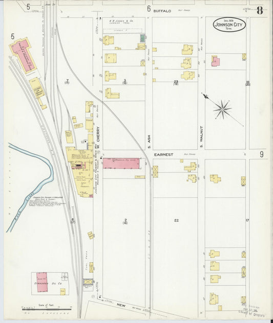 Sanborn Fire Insurance Map from Johnson City, Washington County, Tennessee (1908), Sheet #0008 - Historic Sanborn Fire Insurance Map Print, vintage old map wall art, antique decor, genealogy gift, Tennessee Tennessee map