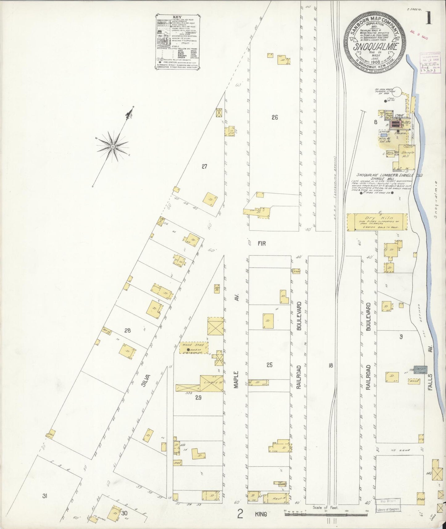 Sanborn Fire Insurance Map from Snoqualmie, King County, Washington (1908), Sheet #0001 - Historic Sanborn Fire Insurance Map Print, vintage old map wall art, antique decor, genealogy gift, Washington Washington map