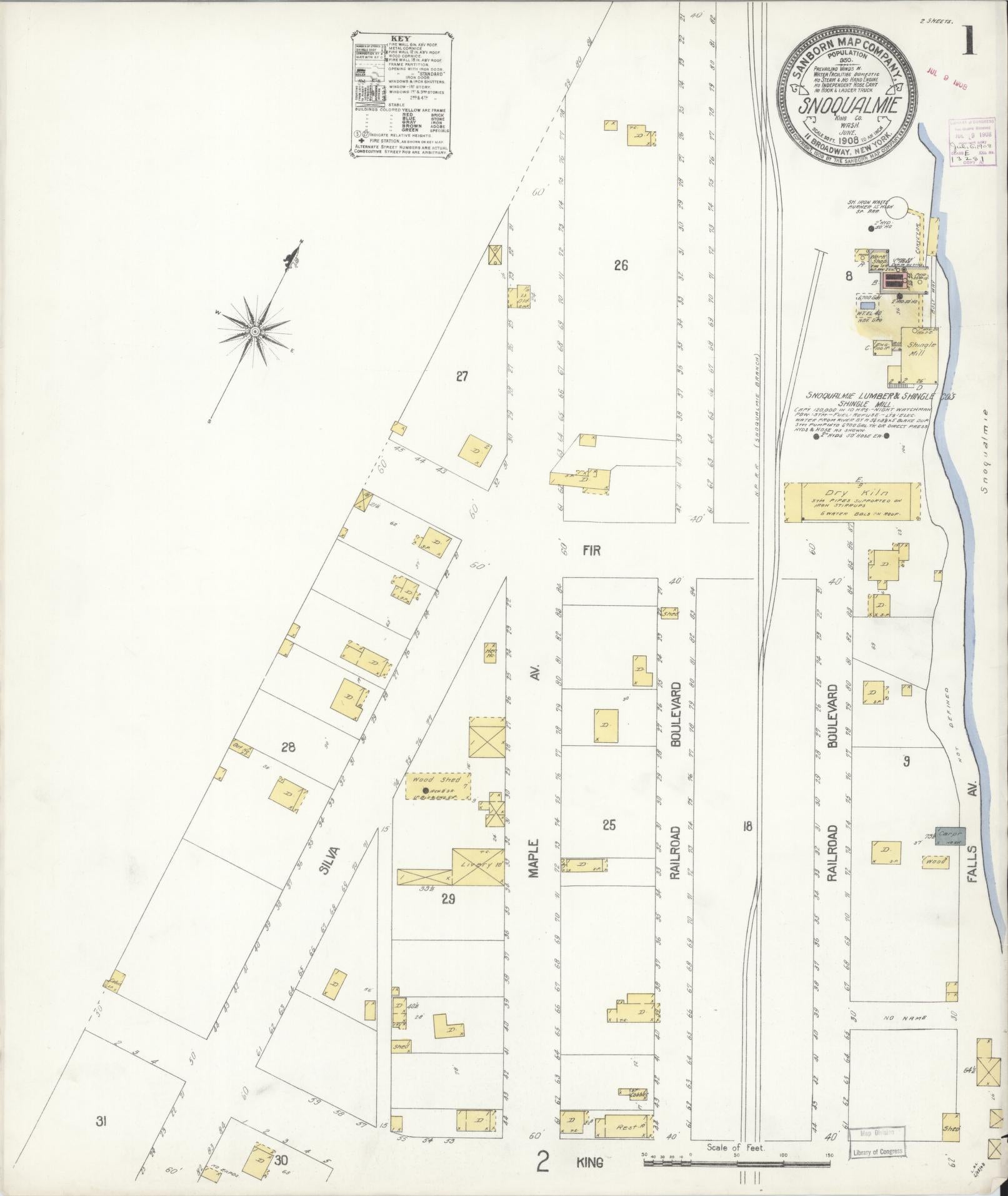 Sanborn Fire Insurance Map from Snoqualmie, King County, Washington (1908), Sheet #0001 - Historic Sanborn Fire Insurance Map Print, vintage old map wall art, antique decor, genealogy gift, Washington Washington map