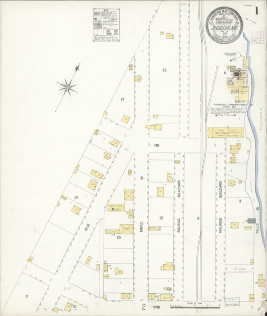 Sanborn Fire Insurance Map from Snoqualmie, King County, Washington (1908), Sheet #0001 - Historic Sanborn Fire Insurance Map Print, vintage old map wall art, antique decor, genealogy gift, Washington Washington map